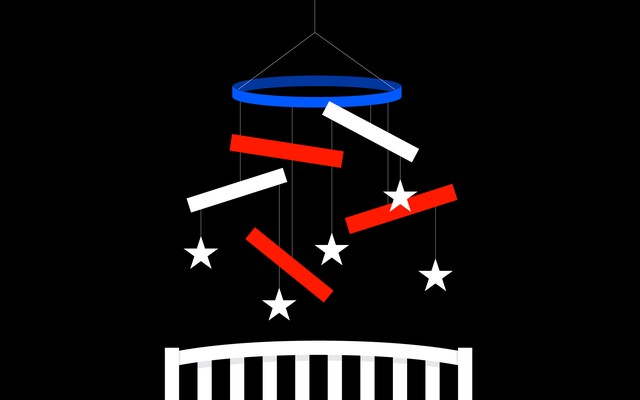An illustration of a mobile made of stars and stripes, hanging over a baby's crib