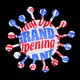 Illustration of a coronavirus-shape silhouette with a "Grand Opening" sign.