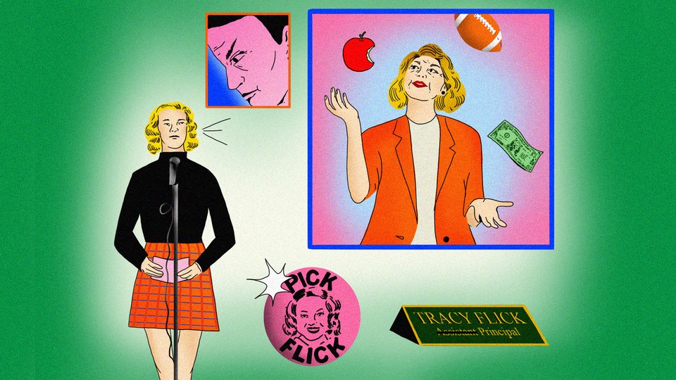 Illustration with Tracy Flick standing at microphone next to pictures of older Tracy in blazer juggling apple, football, and dollar bill; "Pick Flick" button; man glaring at her; and desk nameplate for Tracy Flick, Assistant Principal with "Assistant" crossed out
