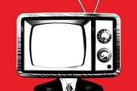 An old-fashioned TV set superimposed on the head of a man in a suit