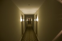 A long, dimly lit hallway with a patterned rug