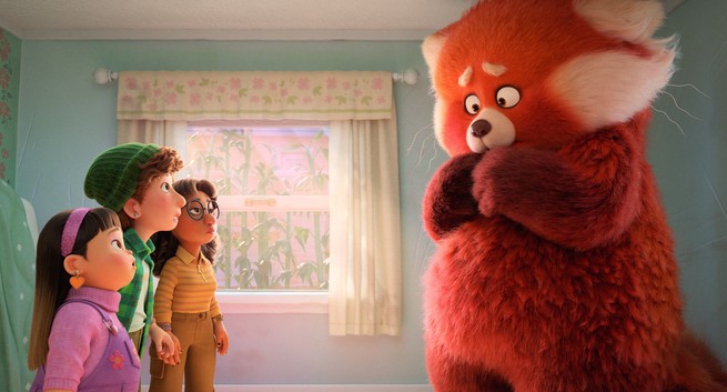 Mei as a giant red panda staring with embarrassment at her friends in "Turning Red:"