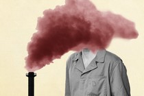 A smokestack pours a cloud over a person's face