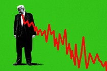 Photo-illustration of Donald Trump on a green background with a graph showing a plunging stock market