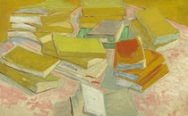 A painting of books lying on a table