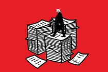 illustration of Trump on piles of paperwork
