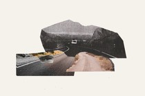 A collage of pictures of roads and mountains in the distance, with two eyes staring out