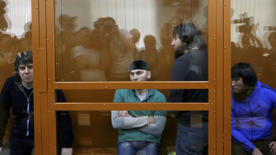 The defendants accused of involvement in the killing of Boris Nemtsov attend a hearing at the military district court in Moscow, Russia on June 27, 2017.