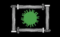 a green coronavirus framed by columns