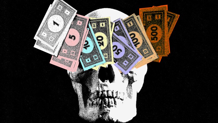 illustration depicting a skull covered by monopoly money