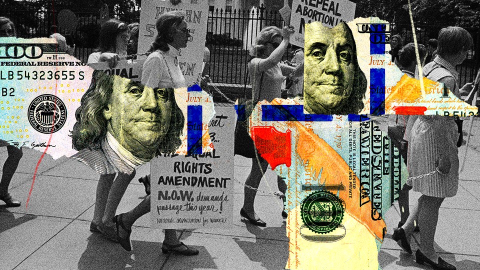 Photo-illustration of ERA demonstrators in the 1960s and $100 dollar bills.