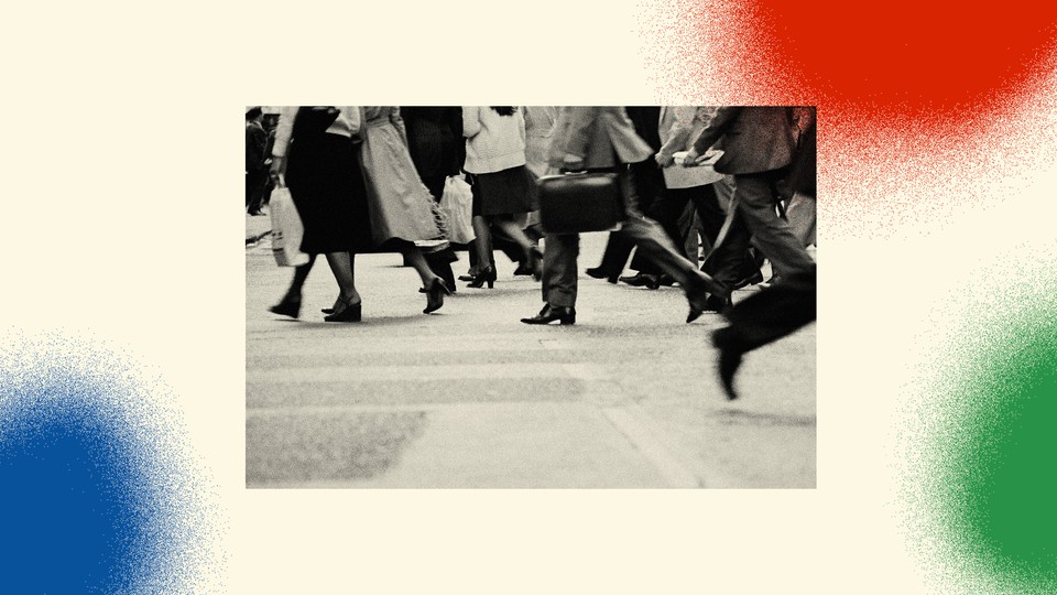 A black-and-white image shows people crossing the street. Some are carrying briefcases, and others are suit pants, long back skirts, and long trench coats.The photo is set against a background with three spray-painted circles. In the bottom-left corner is a blue one, in the bottom-right corner is a green one, and in the top-right corner is a red one.