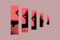 Graphic design of segmented image showing a woman running. Rectangles go from big to small, left to right.