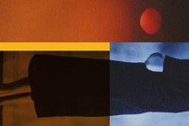 an image of someone hunched over layer onto blocks of color and an image of a moon in the top right corner
