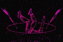 An illustration of a person, drawn as a pink silhouette, falling head-first into a black hole