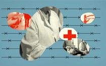 An illustration showing medical symbols behind a barbed-wire fence.