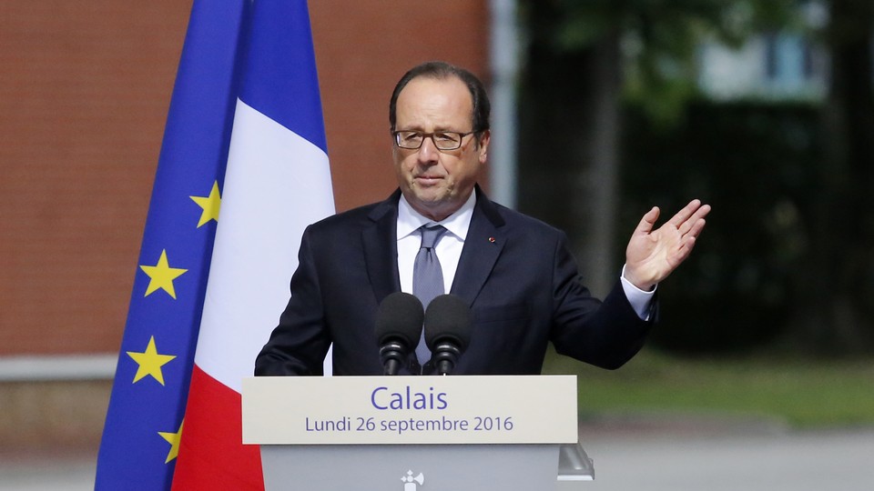 French President Francois Hollande delivers a speech in Calais, France, on Monday.