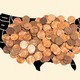 An illustration of the United States map covered in pennies.