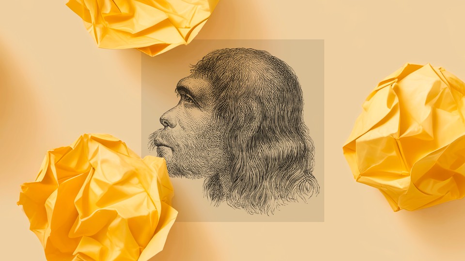 A pencil-drawn illustration shows the profile of a Neanderthal.
