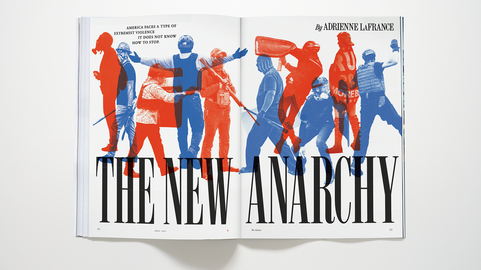 A photo-realistic mockup of the Atlantic magazine open to the story "The New Anarchy"