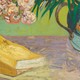 A painting of a book and flowers on a table
