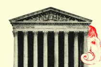 Illustration of the Supreme Court with an image of an elephant representing the Republican party peering out from behind the building