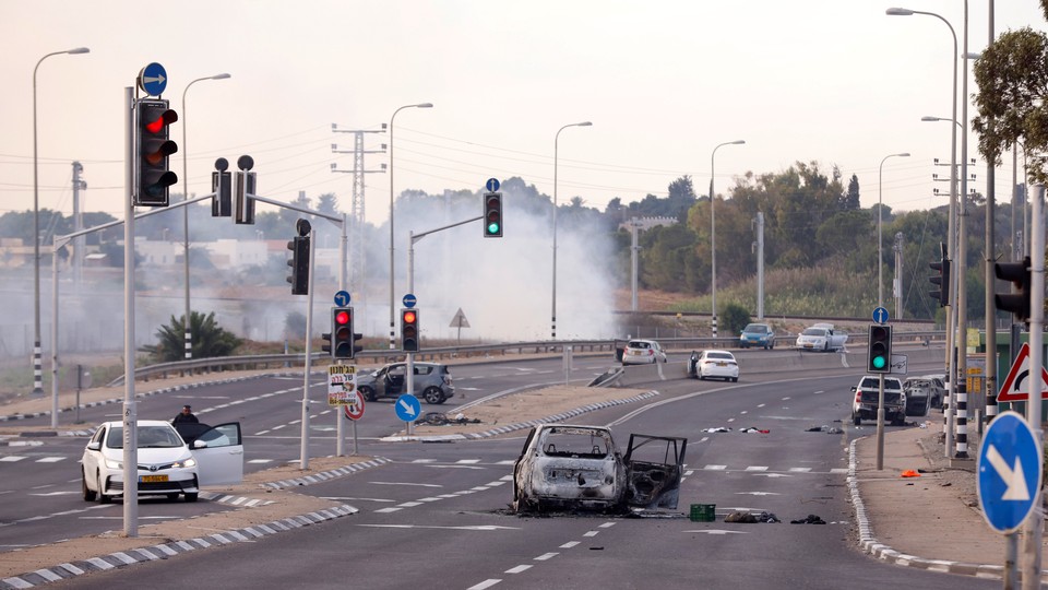 A car destroyed by Palestinian militants in Sderot, Israel, on Saturday, October 7, 2023