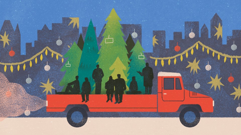 An illustration of friends on a the back of a pickup truck filled with Christmas trees.