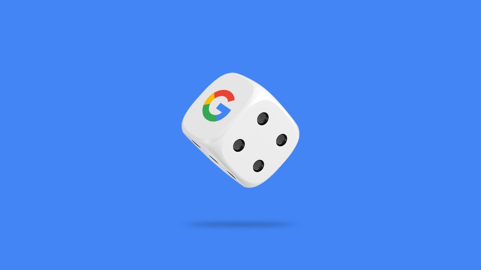 Illustration of a game-board die with the Google "G" on one side