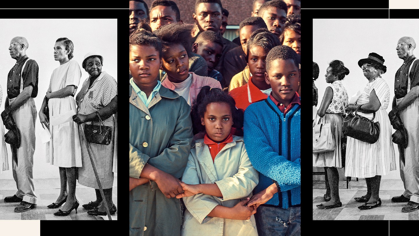 1965 color photo of young people protesting voting rights with black and white photo of voting line