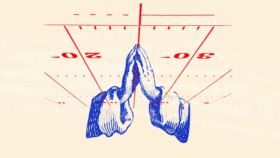 Illustration of a football field and praying hands.