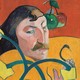 Painted stylized self-portrait of man's face with dark hair and mustache, surrounded by vines, fruit, and orange and yellow fields of color.