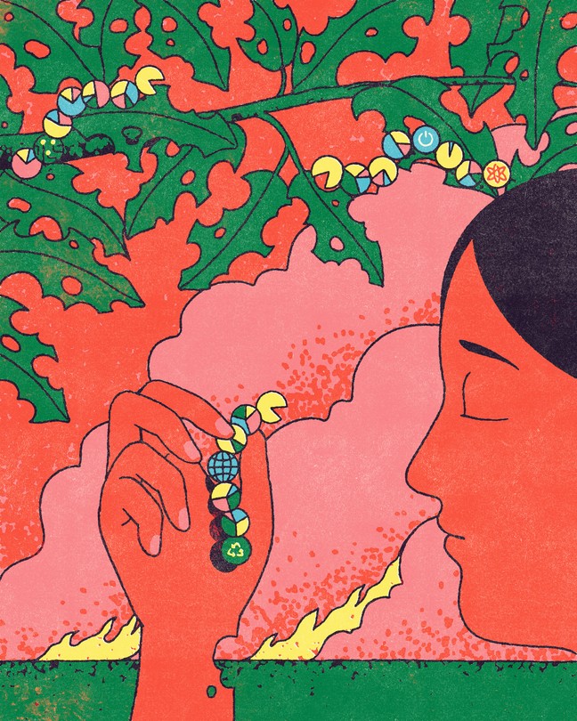 An illustration of a woman holding a colorful caterpillar made of circular symbols—such as a recycling sign, a globe, and power and atomic icons—between her fingers.