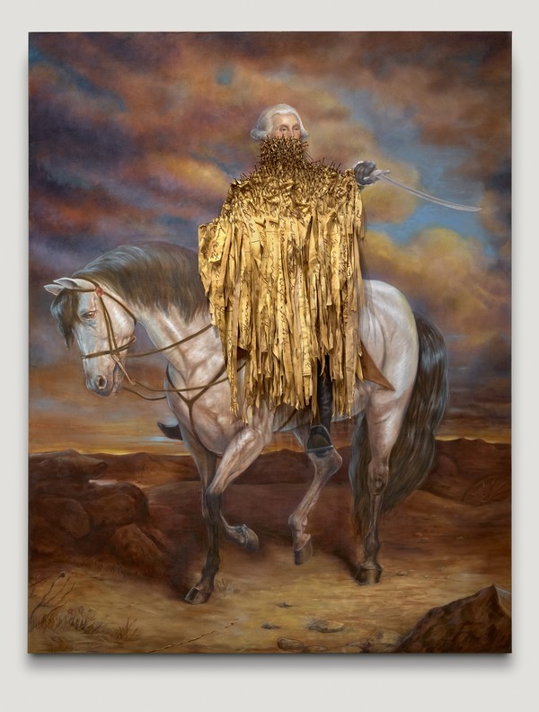 An art installation with an image of George Washington on a horse, covered with shredded documents that appear nailed onto the canvas.  