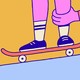 illustration of a kid on a skateboard being pulled away from a standing man