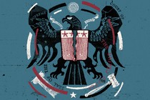 A drawing of a bald eagle decorated with references to the United States justice system breaks apart.