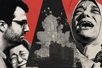 A collage of a man in a yarmulke and a woman crying, a woman in a hijab crying, bombs and a wall of posters