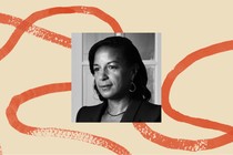 A black-and-white profile photo of Ambassador Susan Rice surrounded by an illustrated border