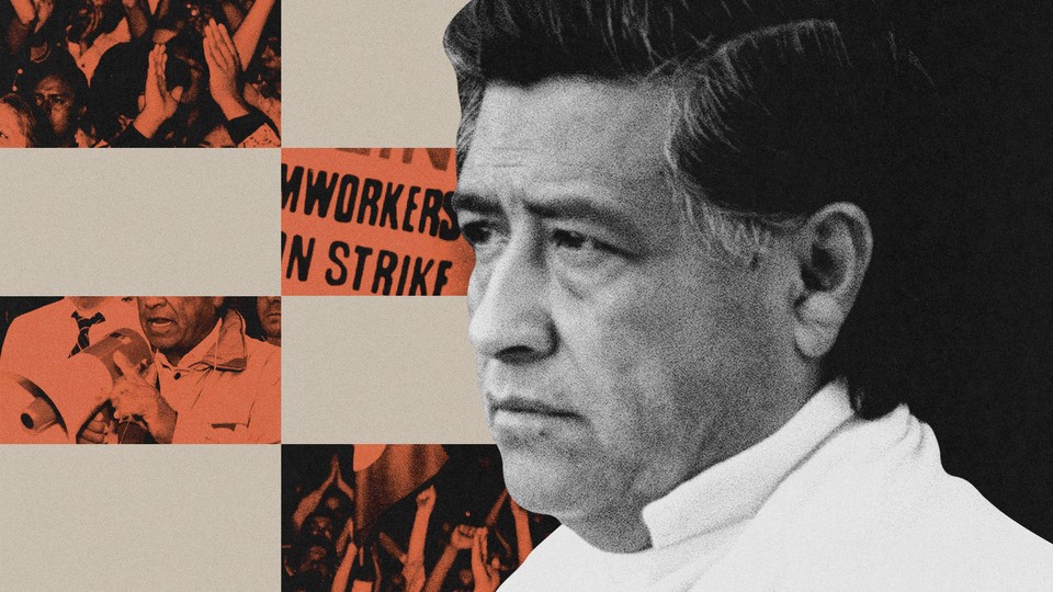 Illustration with black-and-white photo of Cesar Chavez alongside orange tinted photos of raised fists, applause, signs from a worker’s strike, and a man speaking into a megaphone