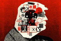 Collage of Donald Trump in profile, George Orwell, and images of words