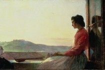A painting of a woman sitting in a window