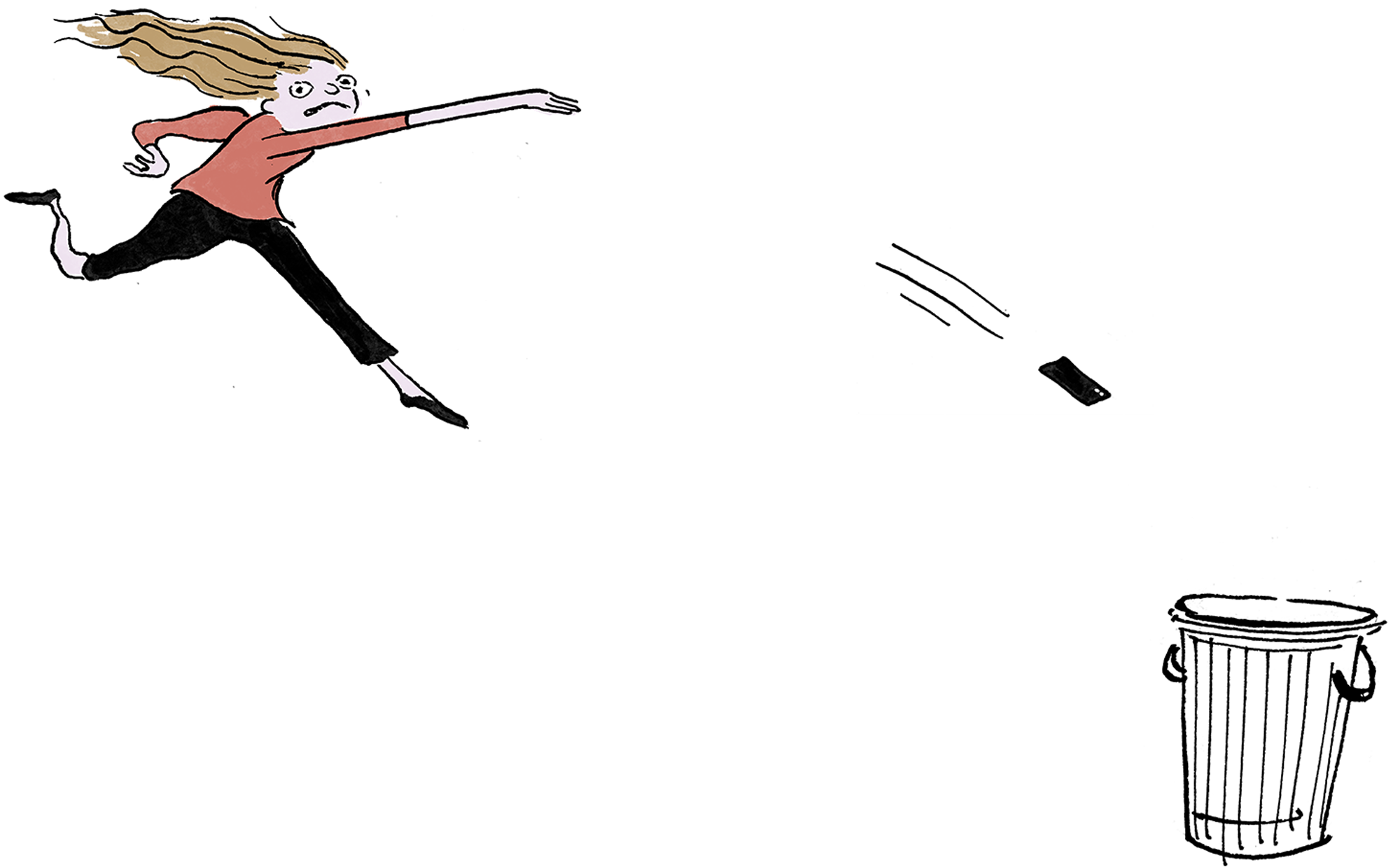 illustration of wild-eyed angry woman leaping and throwing her smartphone across the room into a trash can