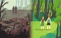 Split-screen illustration: On the left, the silhouettes of two men behind wreckage in the foreground; on the right, two women hold hands and walk through the forest