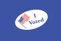 Animated gif of a quaking "I voted" sticker on a blue background