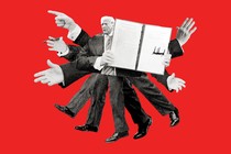 An illustration of Trump holding an executive order, with multiple arms and legs coming from his body