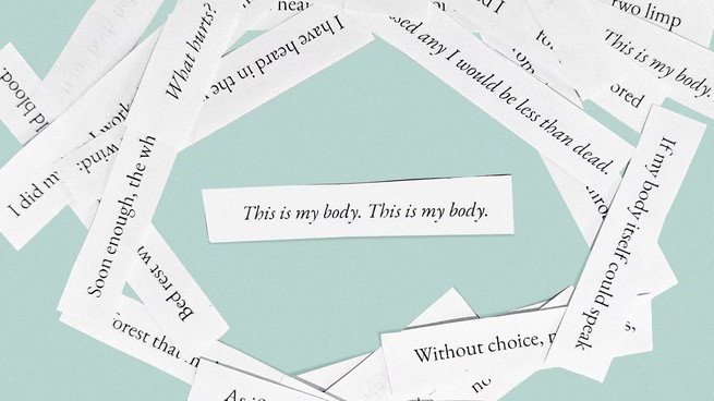 A collage of slips of paper with lines from the poem printed on them. At the center is one that reads "This is my body. This is my body."