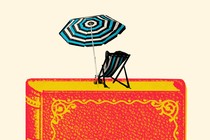 a beach chair and umbrella sitting atop an image of a book