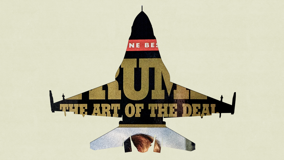 An illustration of a plane-shaped cutout of The Art of the Deal book cover over a neutral green-beige background