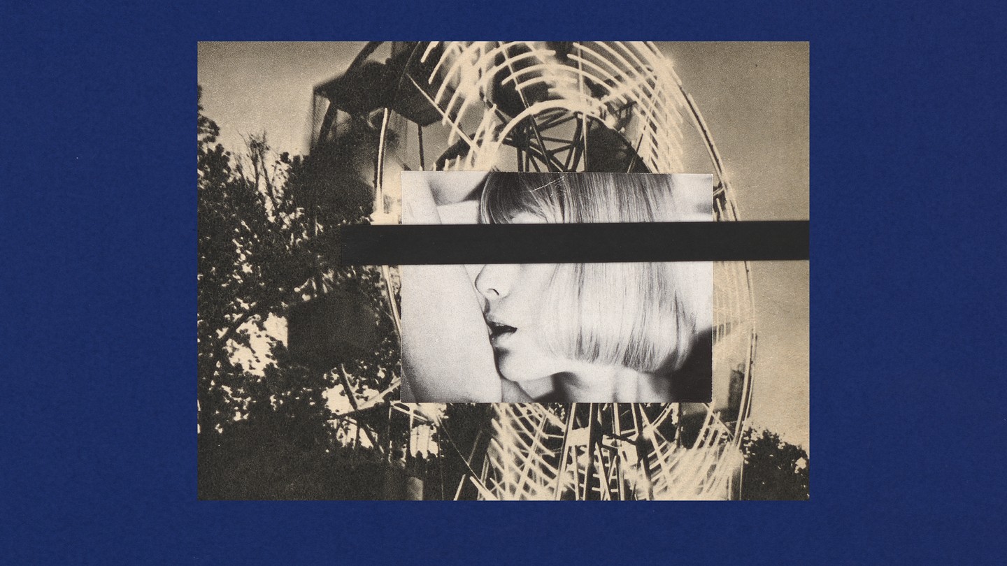 Black-and-white images of a woman and a spinning Ferris wheel on cobalt blue