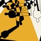 Illustration with jumble of overlapping abstract Oscar-statuette shapes in black, white, and gold